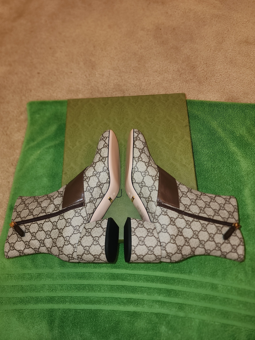 Gucci Beige Brown GG Canvas Mid Heel Ankle Boots with Gold Logo - Picture 8 of 13